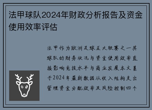 法甲球队2024年财政分析报告及资金使用效率评估
