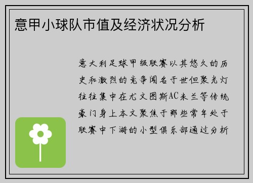 意甲小球队市值及经济状况分析